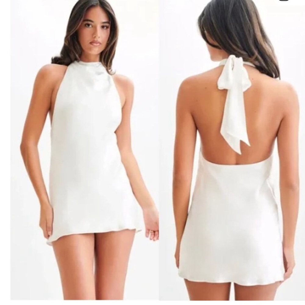 Meshki White Satin Backless Mini Halter Dress size Large